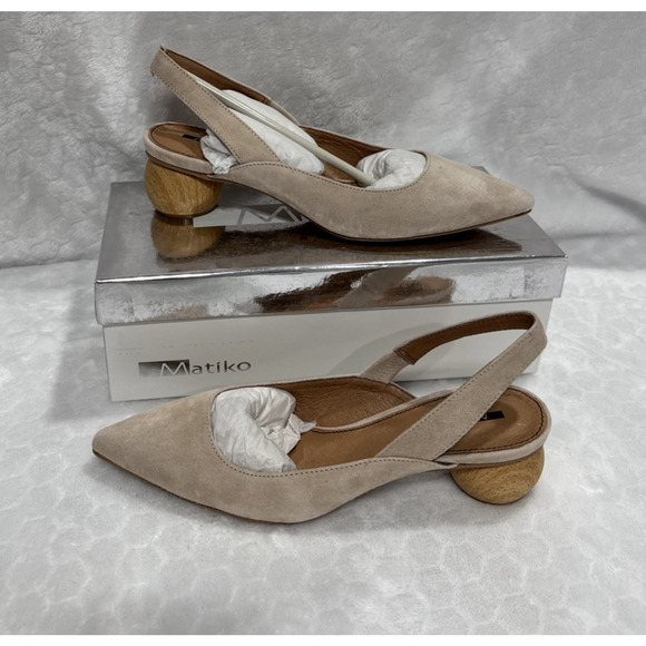 Matiko Circa Peach Pointed Toe Slingback Wood Sphere Heel Shoes US 7.5-8 EU 38 - Picture 1 of 13